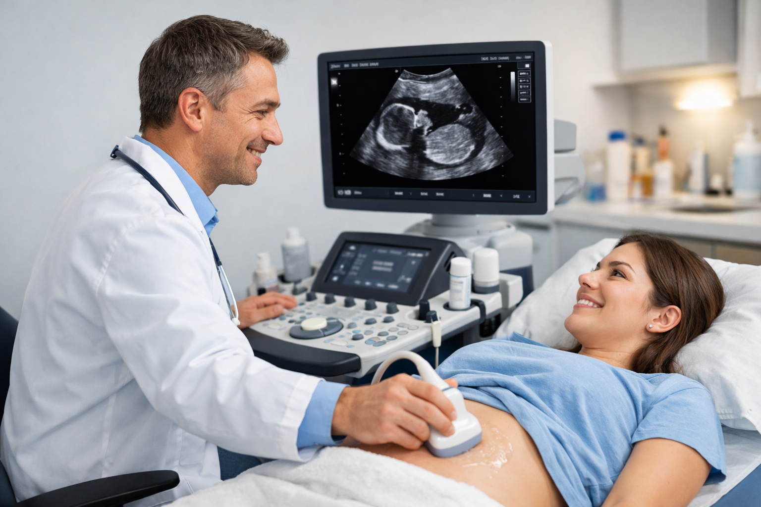 Médico realizando ecografía diagnóstica a un paciente